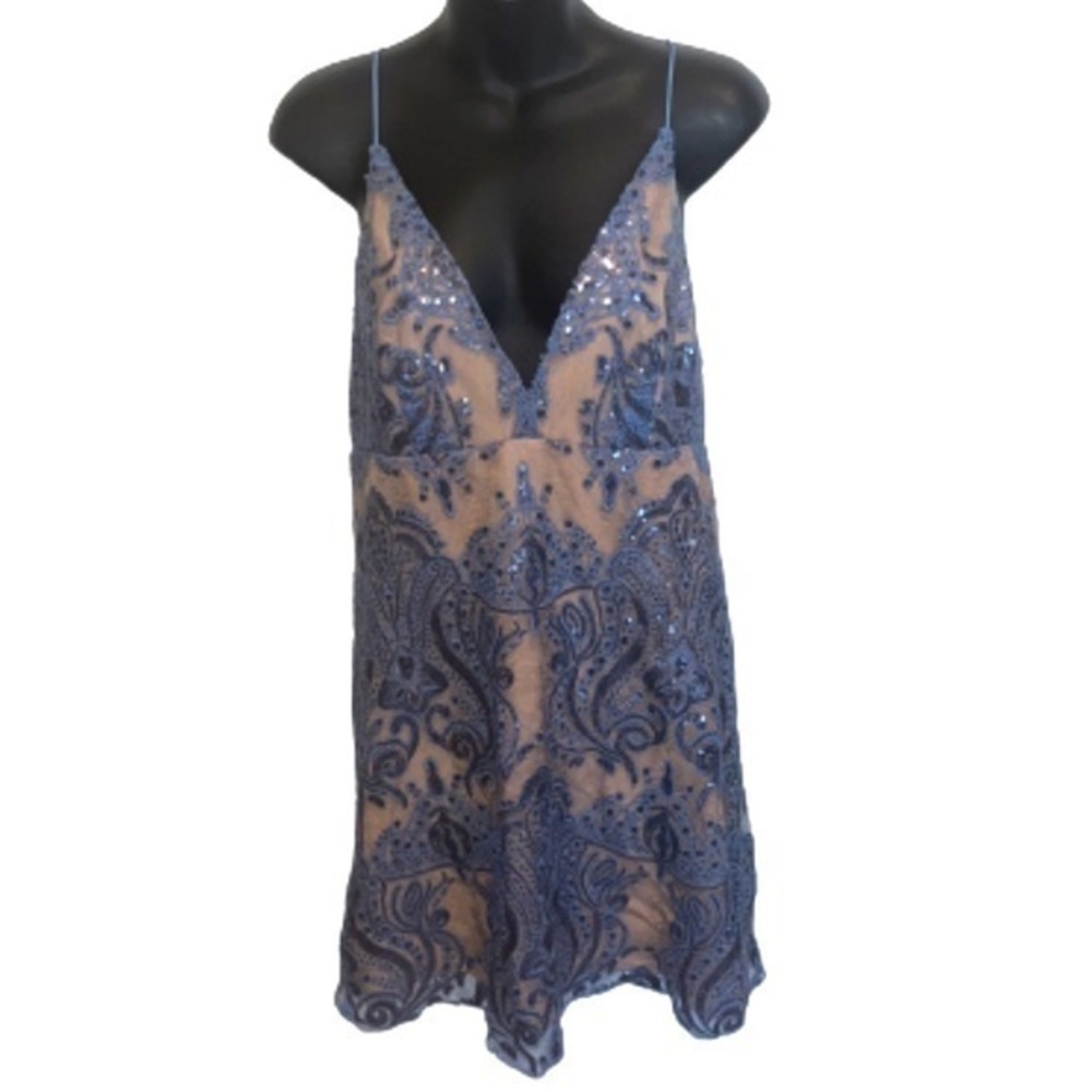 Free People Night Shimmer blue lace and sequin deep v-neckline dress NWT size 6